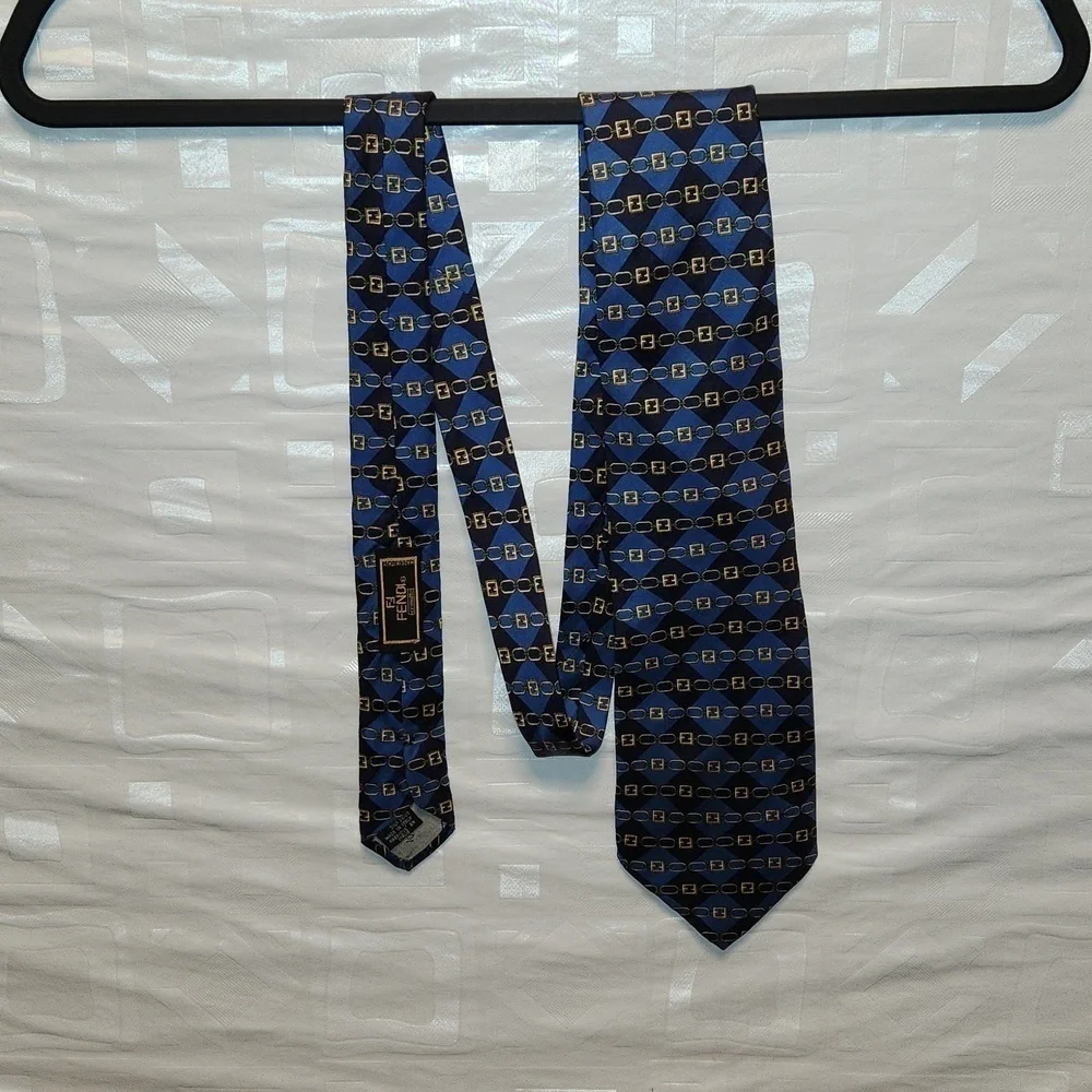 Fendi tan chain and blue/navy Dimond shape silk neck tie